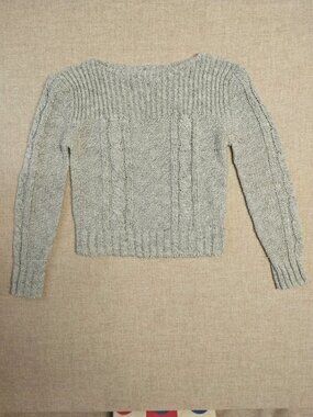 Vintage College Town Heather Grey Cropped Cable Knit Sweater Boatneck Pullover L